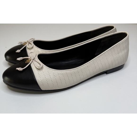 Tory Burch Cap Toe Ballet Flat Womens 10M Cream Quilted Leather Slip On Loafer - Picture 4 of 11